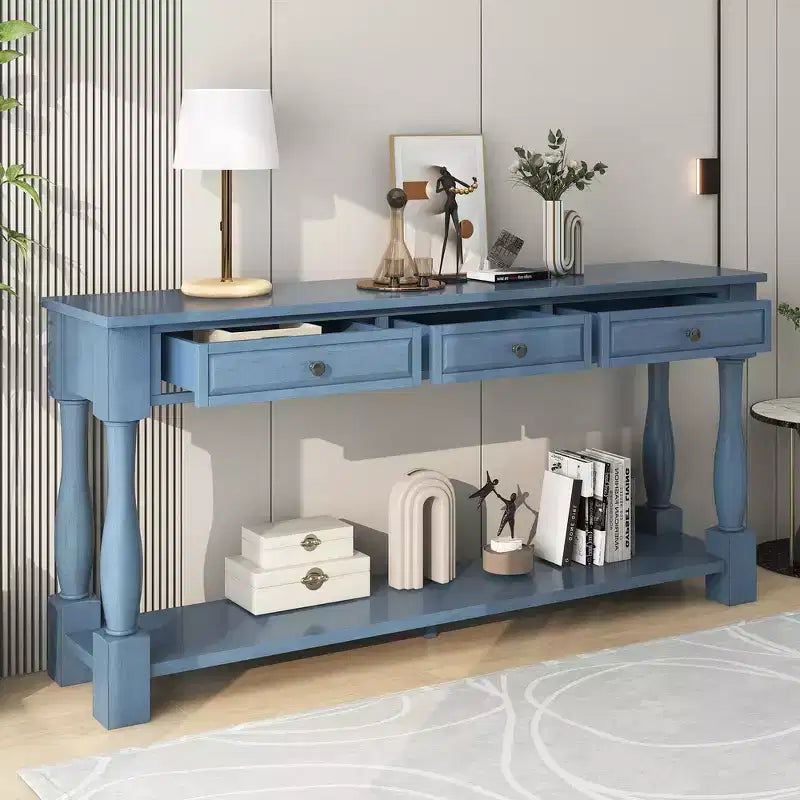 Console longue rectangulaire en bois de style méditerranéen avec tiroirs et étagère