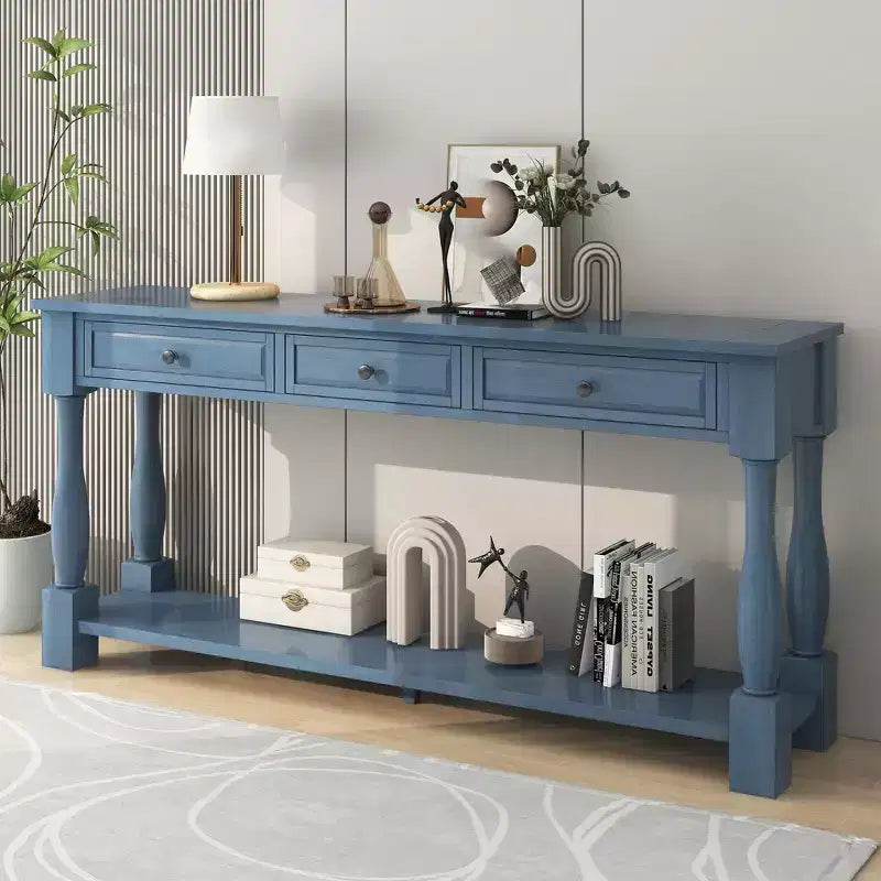 Console longue rectangulaire en bois de style méditerranéen avec tiroirs et étagère