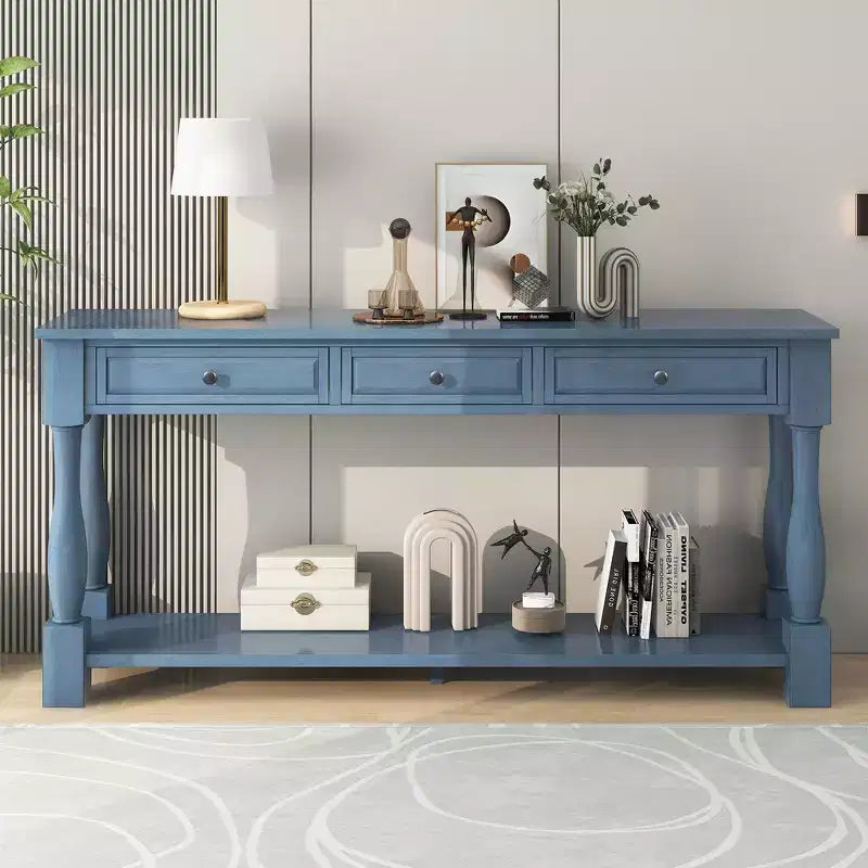Console longue rectangulaire en bois de style méditerranéen avec tiroirs et étagère