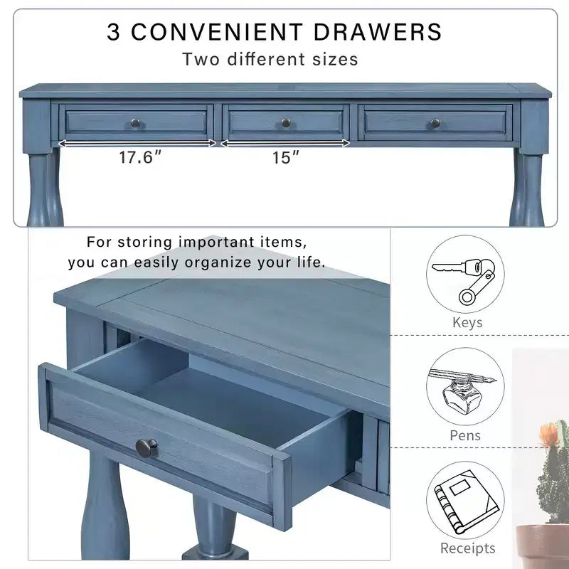 Console longue rectangulaire en bois de style méditerranéen avec tiroirs et étagère