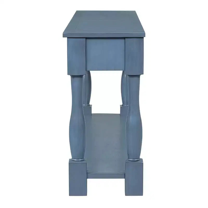 Console longue rectangulaire en bois de style méditerranéen avec tiroirs et étagère