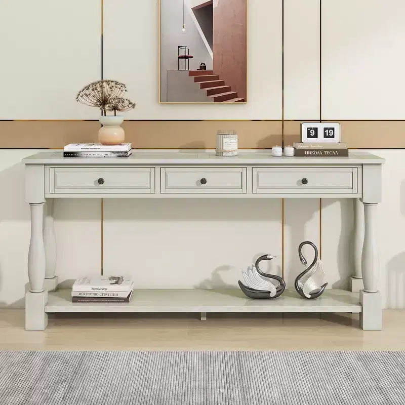 Console longue rectangulaire en bois de style méditerranéen avec tiroirs et étagère