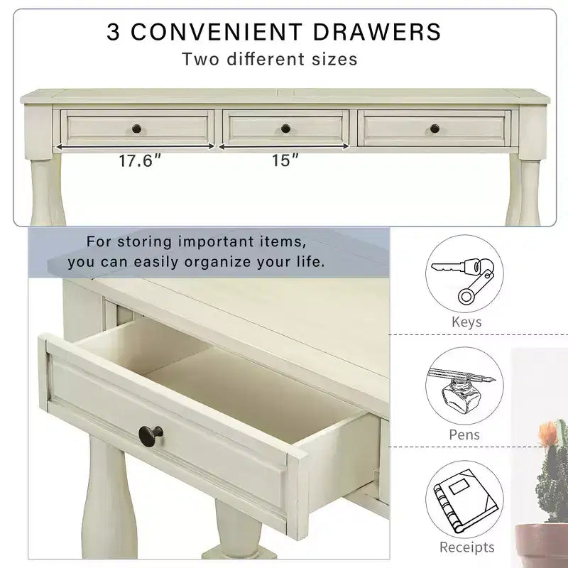 Console longue rectangulaire en bois de style méditerranéen avec tiroirs et étagère
