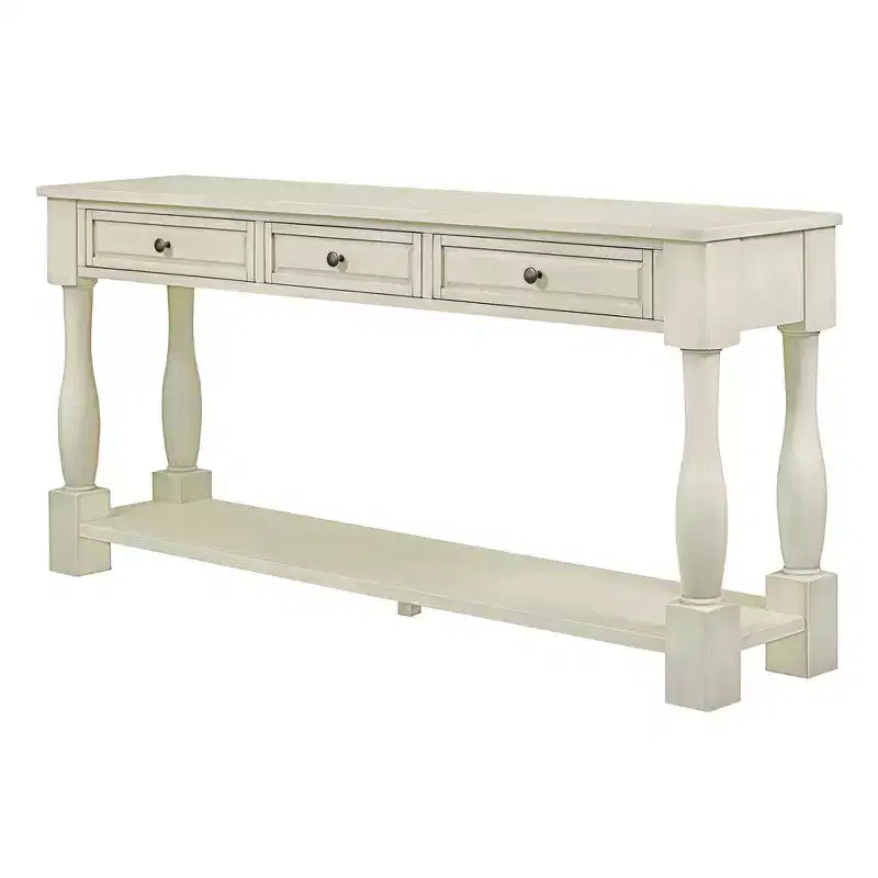 Console longue rectangulaire en bois de style méditerranéen avec tiroirs et étagère