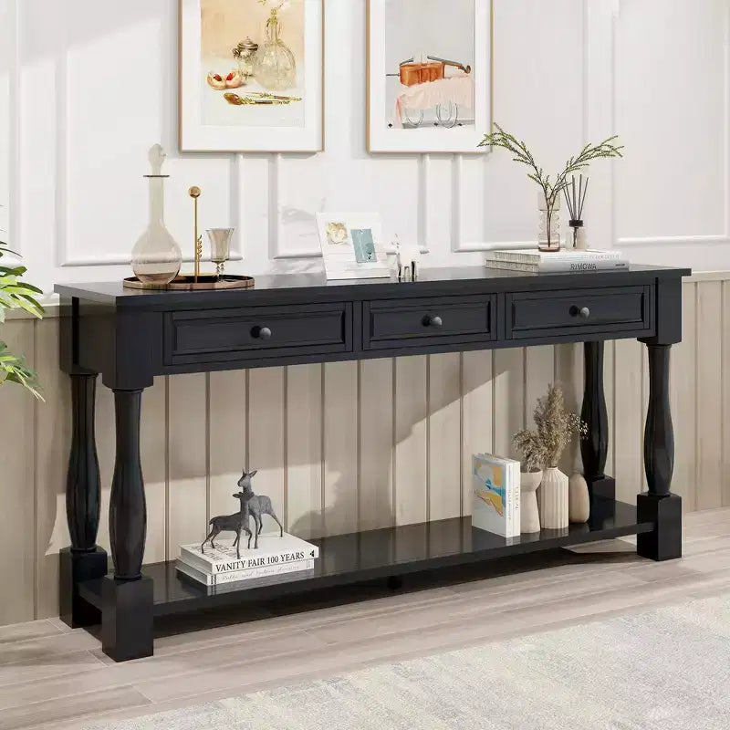 Console longue rectangulaire en bois de style méditerranéen avec tiroirs et étagère