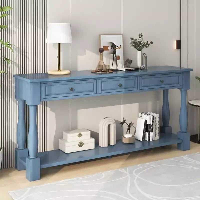 Console longue rectangulaire en bois de style méditerranéen avec tiroirs et étagère