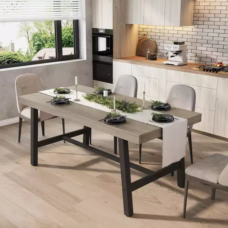 Table de salle à manger industrielle pour 4 à 6 personnes, longue table de cuisine en bois de 160 cm avec cadre métallique robuste et finition grise - Table de comptoir rectangulaire 4 places