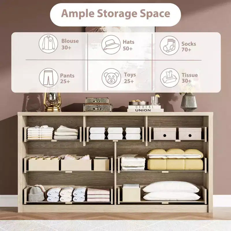 Commode 7 tiroirs pour chambre à coucher, commode en bois de 53 po de largeur, organisateur de rangement de vêtements sans poignée, meuble TV pour couloir, chambre à coucher