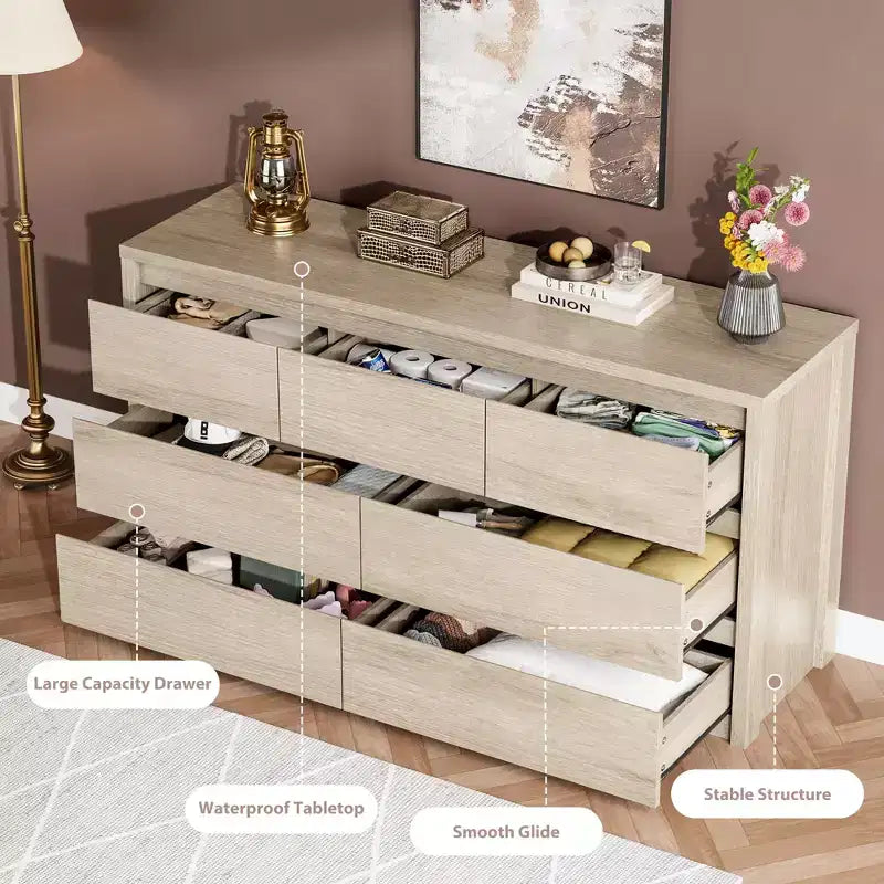 Commode 7 tiroirs pour chambre à coucher, commode en bois de 53 po de largeur, organisateur de rangement de vêtements sans poignée, meuble TV pour couloir, chambre à coucher