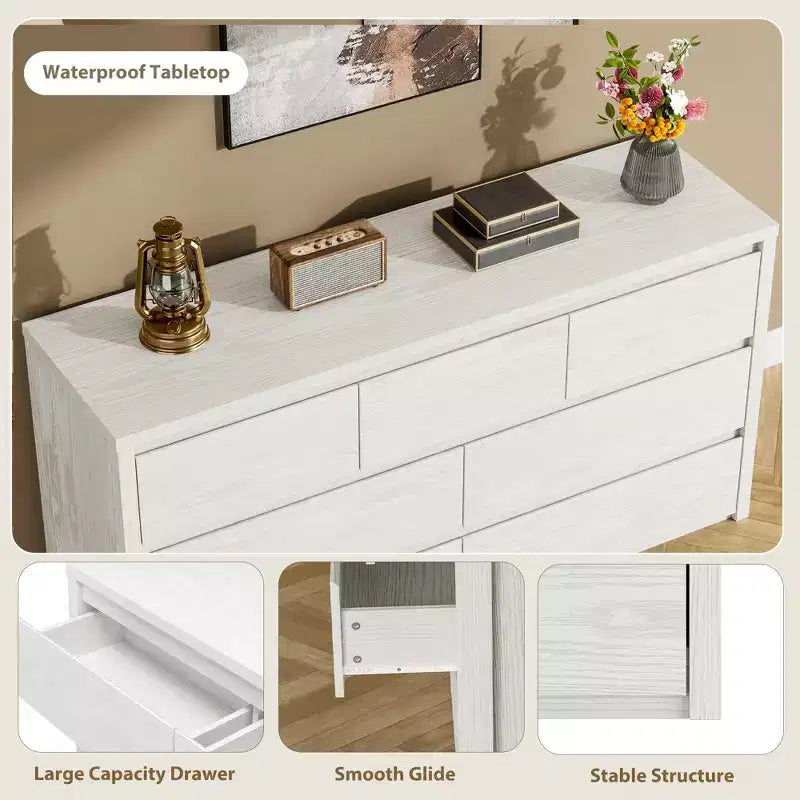 Commode 7 tiroirs pour chambre à coucher, commode en bois de 53 po de largeur, organisateur de rangement de vêtements sans poignée, meuble TV pour couloir, chambre à coucher