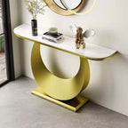 Console d'entrée demi-lune 47 po avec plateau en faux marbre et base en métal, table de canapé mince pour foyer, couloir, salon ou chambre à coucher