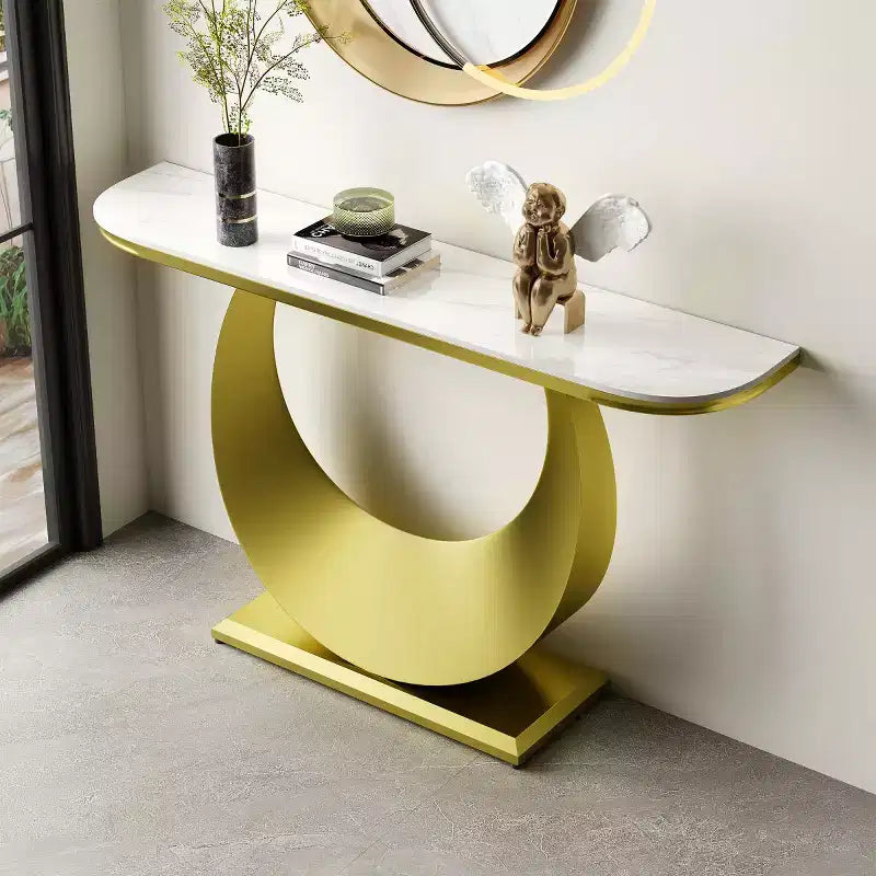 Console d'entrée demi-lune 47 po avec plateau en faux marbre et base en métal, table de canapé mince pour foyer, couloir, salon ou chambre à coucher