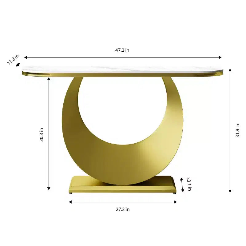Console d'entrée demi-lune 47 po avec plateau en faux marbre et base en métal, table de canapé mince pour foyer, couloir, salon ou chambre à coucher