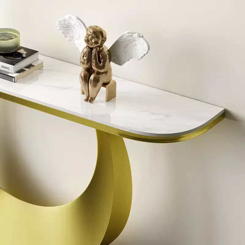 Console d'entrée demi-lune 47 po avec plateau en faux marbre et base en métal, table de canapé mince pour foyer, couloir, salon ou chambre à coucher