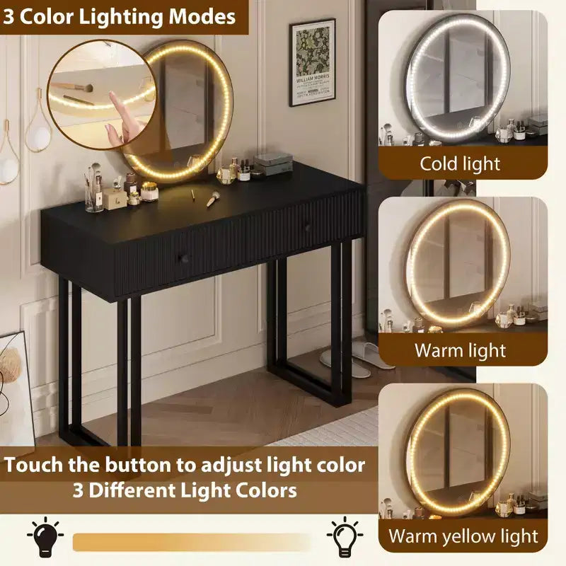 Coiffeuse avec Miroir et Lumières LED, Éclairage 3 Couleurs, Rangement Spacieux, Table de Maquillage Minimaliste Moderne, Montage Facile