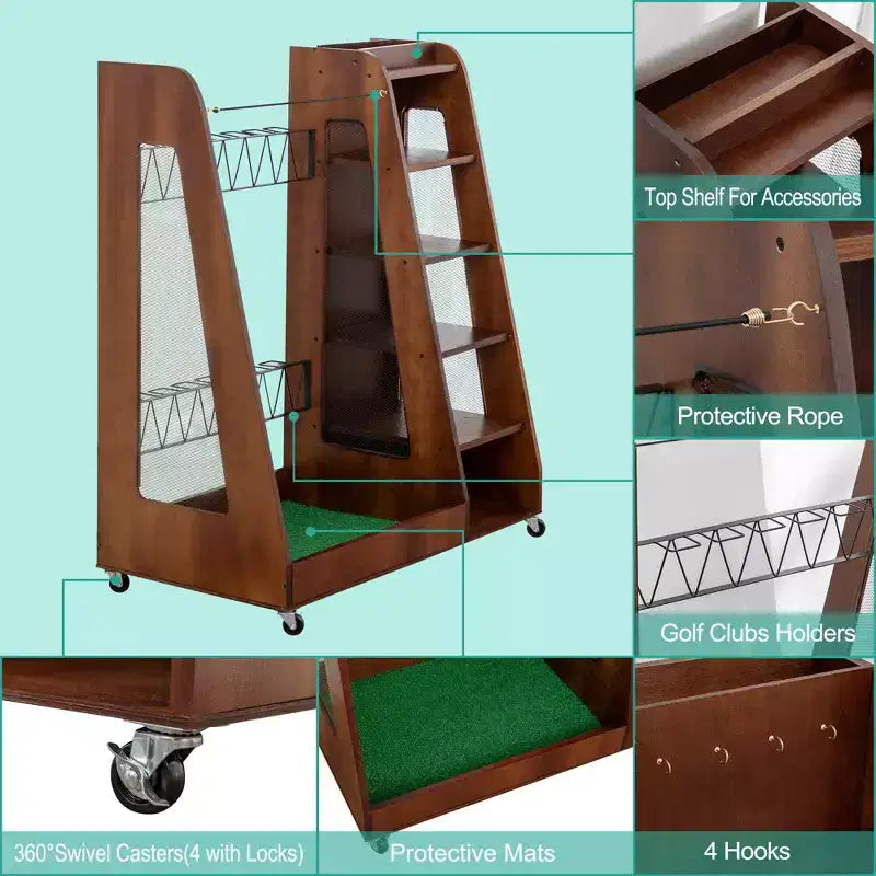 Organisateur de sac de golf pour garage, support de rangement pour clubs de golf en bois de qualité supérieure pouvant accueillir 2 sacs de golf, organisateur de coffre de golf pour garage, abri de club, sous-sol