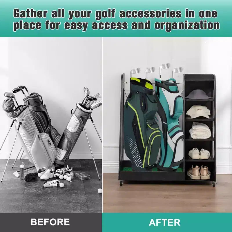 Organisateur de sac de golf pour garage, support de rangement pour clubs de golf en bois de qualité supérieure pouvant accueillir 2 sacs de golf, organisateur de coffre de golf pour garage, abri de club, sous-sol