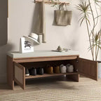 Banc à chaussures style bohème en rotin PP avec coussin, banc d'entrée en bois robuste pour s'asseoir et ranger, organisateur de chaussures à 2 portes