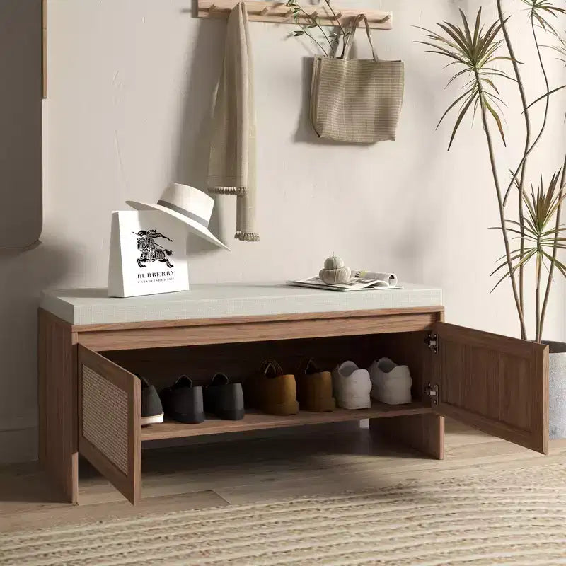 Banc à chaussures style bohème en rotin PP avec coussin, banc d'entrée en bois robuste pour s'asseoir et ranger, organisateur de chaussures à 2 portes