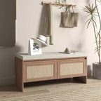 Banc à chaussures style bohème en rotin PP avec coussin, banc d'entrée en bois robuste pour s'asseoir et ranger, organisateur de chaussures à 2 portes