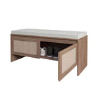 Banc à chaussures style bohème en rotin PP avec coussin, banc d'entrée en bois robuste pour s'asseoir et ranger, organisateur de chaussures à 2 portes