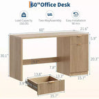 Bureau de direction cannelé de 60 po avec tiroirs, bureau de travail moderne avec armoire de rangement, poste de travail informatique en bois pour le travail, les études, l'écriture, chêne