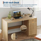 Bureau de direction cannelé de 60 po avec tiroirs, bureau de travail moderne avec armoire de rangement, poste de travail informatique en bois pour le travail, les études, l'écriture, chêne