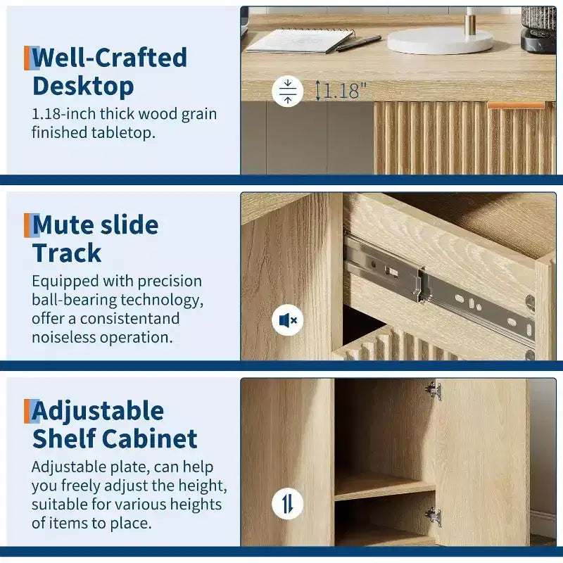 Bureau de direction cannelé de 60 po avec tiroirs, bureau d'ordinateur moderne pour la maison avec armoire de rangement, poste de travail en bois pour le travail, l'étude, l'écriture, chêne