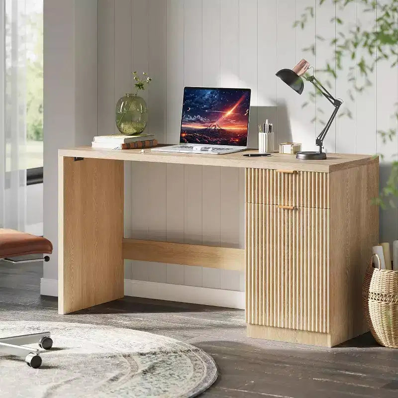 Bureau de direction cannelé de 60 po avec tiroirs, bureau d'ordinateur moderne pour la maison avec armoire de rangement, poste de travail en bois pour le travail, l'étude, l'écriture, chêne