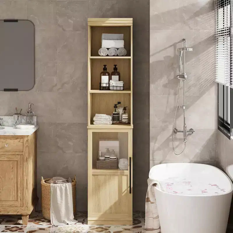 Meuble de rangement de salle de bain haut et étroit de 177,8 cm avec porte et étagères ouvertes, meuble de rangement étroit autoportant pour petits espaces, cuisine, salon