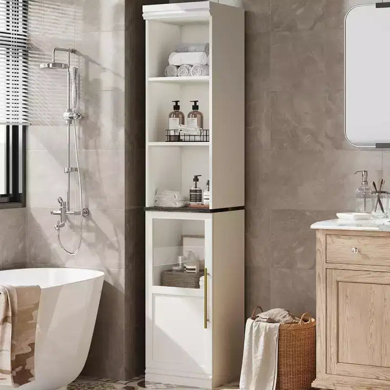 Meuble de rangement de salle de bain haut et étroit de 177,8 cm avec porte et étagères ouvertes, meuble de rangement étroit autoportant pour petits espaces, cuisine, salon