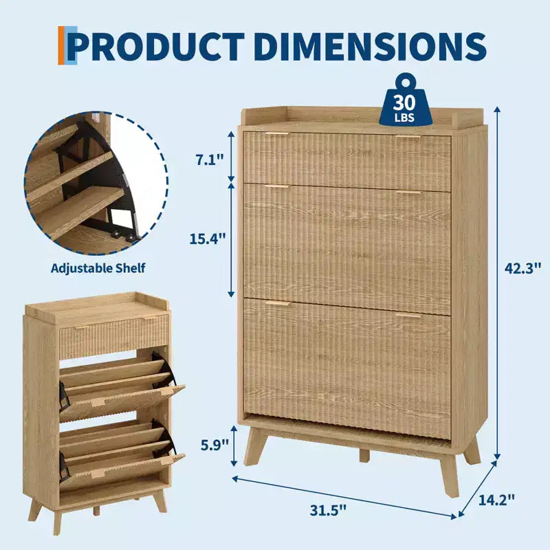 Meuble de rangement à chaussures en bois cannelé pour entrée avec 2 tiroirs basculants, meuble à chaussures étroit dissimulé autoportant de 122 cm de haut pour couloir
