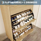 Meuble de rangement à chaussures en bois cannelé pour entrée avec 2 tiroirs basculants, meuble à chaussures étroit dissimulé autoportant de 122 cm de haut pour couloir