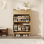 Meuble de rangement à chaussures en bois cannelé pour entrée avec 2 tiroirs basculants, meuble à chaussures étroit dissimulé autoportant de 122 cm de haut pour couloir