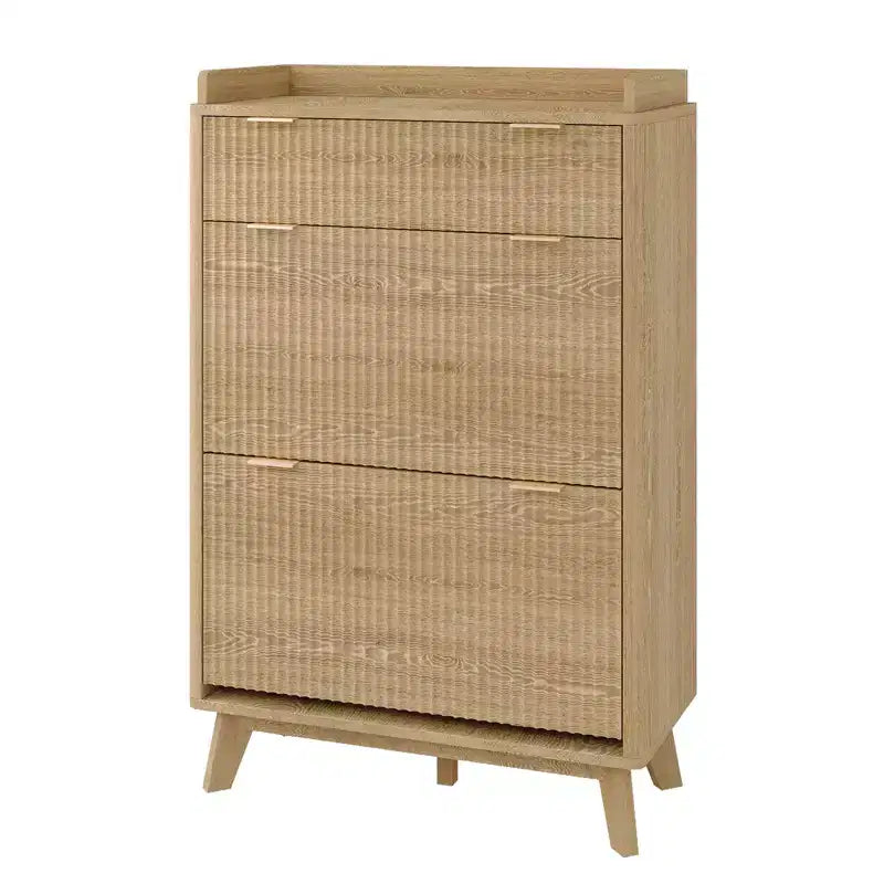Meuble de rangement à chaussures en bois cannelé pour entrée avec 2 tiroirs basculants, meuble à chaussures étroit dissimulé autoportant de 122 cm de haut pour couloir