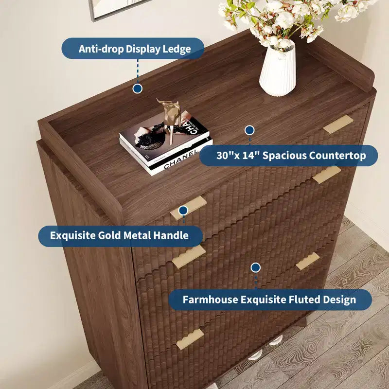 Meuble de rangement à chaussures en bois cannelé pour entrée avec 2 tiroirs basculants, meuble à chaussures étroit dissimulé autoportant de 122 cm de haut pour couloir