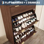 Meuble de rangement à chaussures en bois cannelé pour entrée avec 2 tiroirs basculants, meuble à chaussures étroit dissimulé autoportant de 122 cm de haut pour couloir