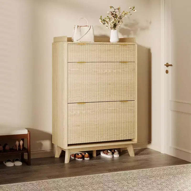 Meuble de rangement à chaussures en bois cannelé pour entrée avec 2 tiroirs basculants, meuble à chaussures étroit dissimulé autoportant de 122 cm de haut pour couloir