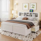 Clihome King Size Wood Platform Bed with Multi-storage Headboard, USB and Drawers