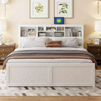 Lit plateforme en bois King Size avec tête de lit multi-rangements, USB et tiroirs
