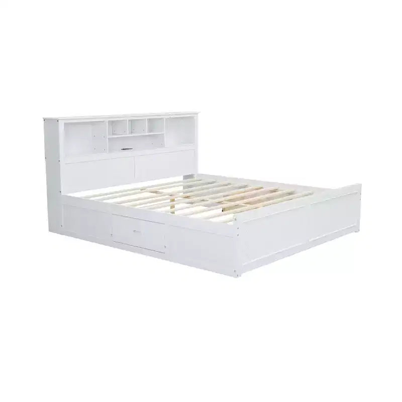 Lit plateforme en bois King Size avec tête de lit multi-rangements, USB et tiroirs