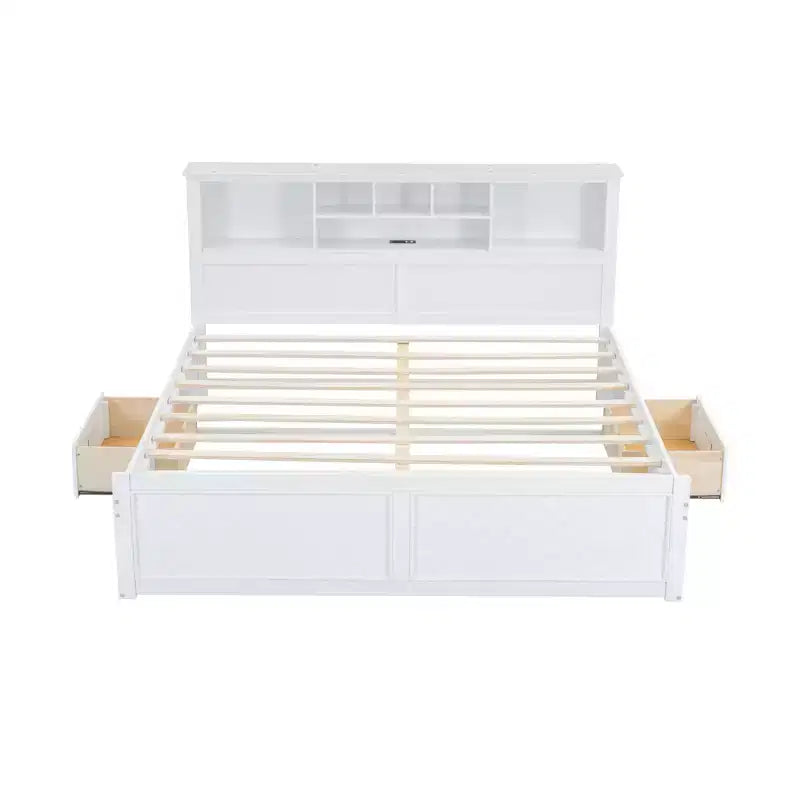 Lit plateforme en bois King Size avec tête de lit multi-rangements, USB et tiroirs