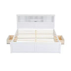 Lit plateforme en bois King Size avec tête de lit multi-rangements, USB et tiroirs