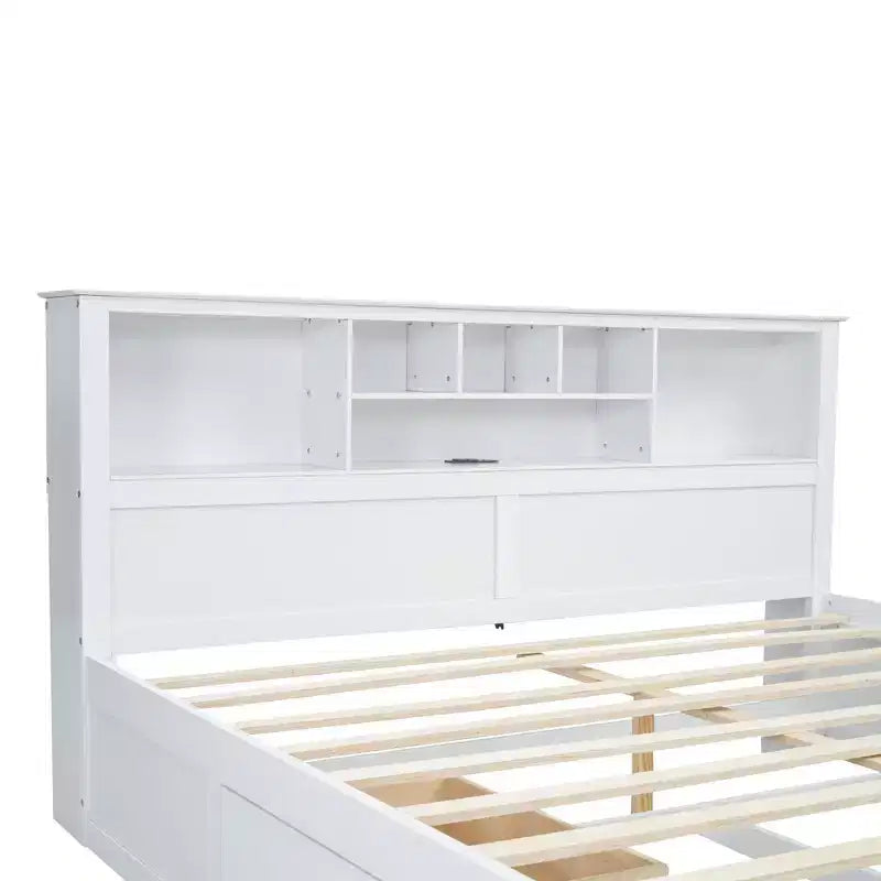 Lit plateforme en bois King Size avec tête de lit multi-rangements, USB et tiroirs
