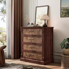 Farmhouse 4 Drawer Dresser for Bedroom, Tall Chest of Drawers with Metal Handles, Rustic Wooden Dresser TV Stand, for Living Room, Hallway