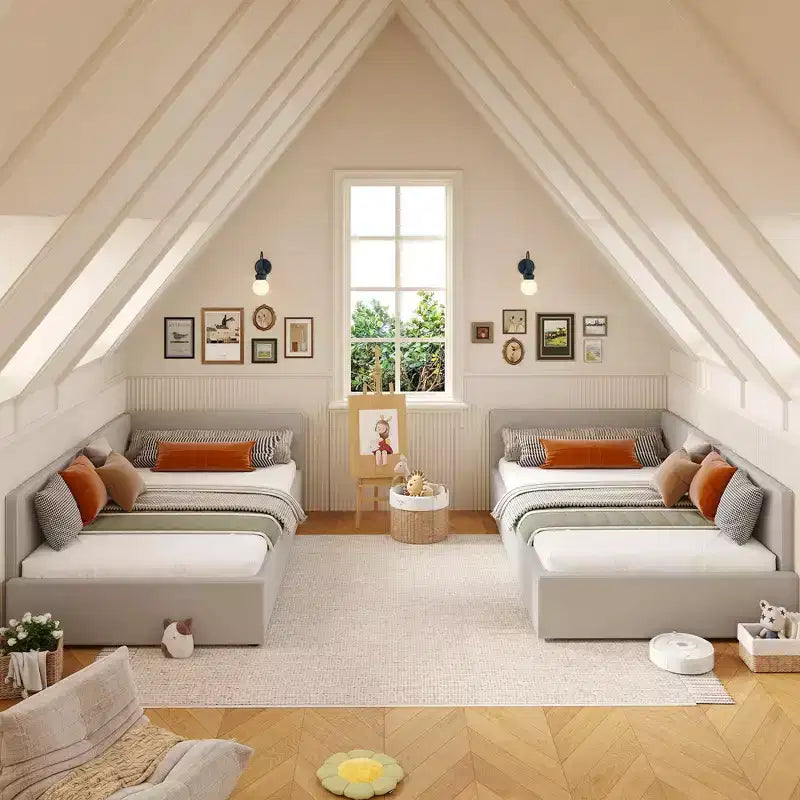 Lit de repos double avec barrières de sécurité, cadre de lit d'angle en velours avec tête de lit pour chambre d'enfant