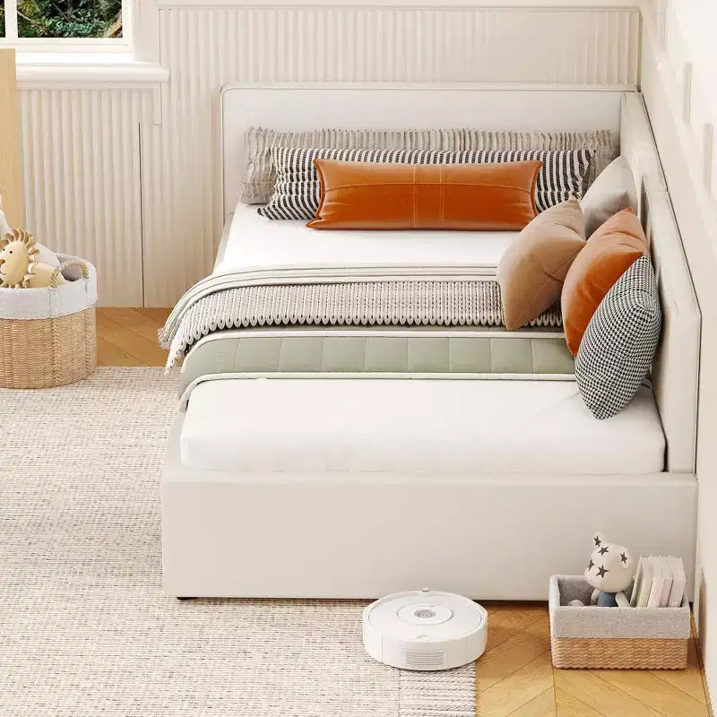 Lit de repos double avec barrières de sécurité, cadre de lit d'angle en velours avec tête de lit pour chambre d'enfant