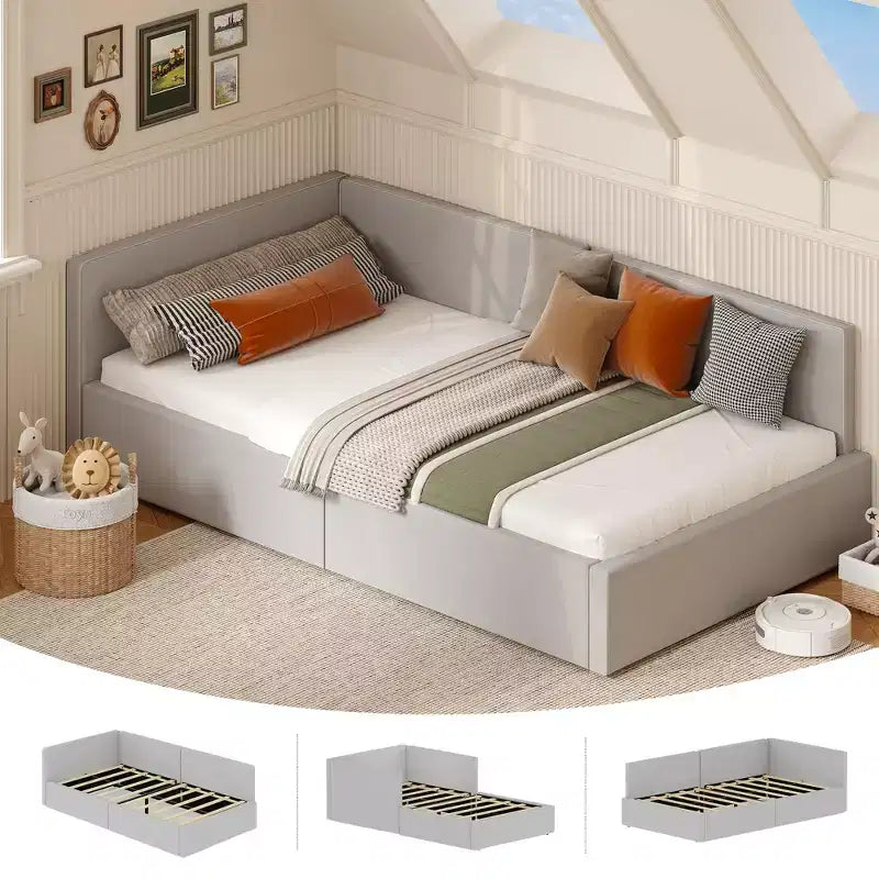 Lit de repos double avec barrières de sécurité, cadre de lit d'angle en velours avec tête de lit pour chambre d'enfant