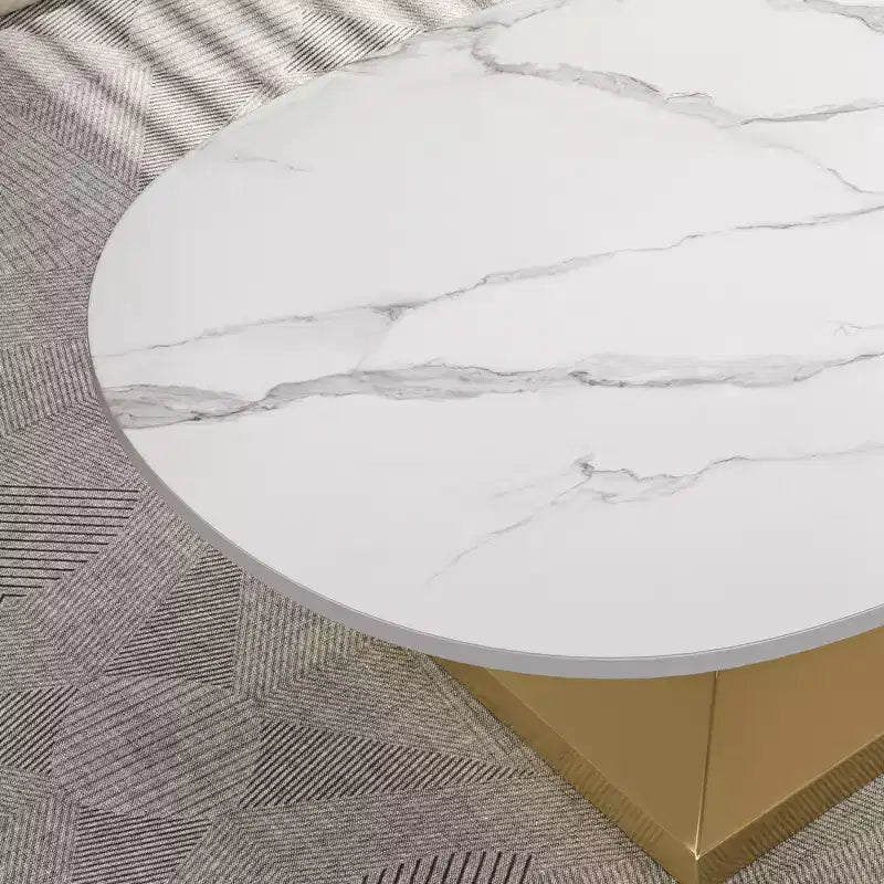 Table basse avec plateau en céramique et base contemporaine en acier inoxydable, une pièce maîtresse durable et élégante pour le salon.