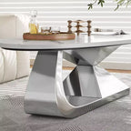 Table basse avec plateau en céramique et base contemporaine en acier inoxydable, une pièce maîtresse durable et élégante pour le salon.